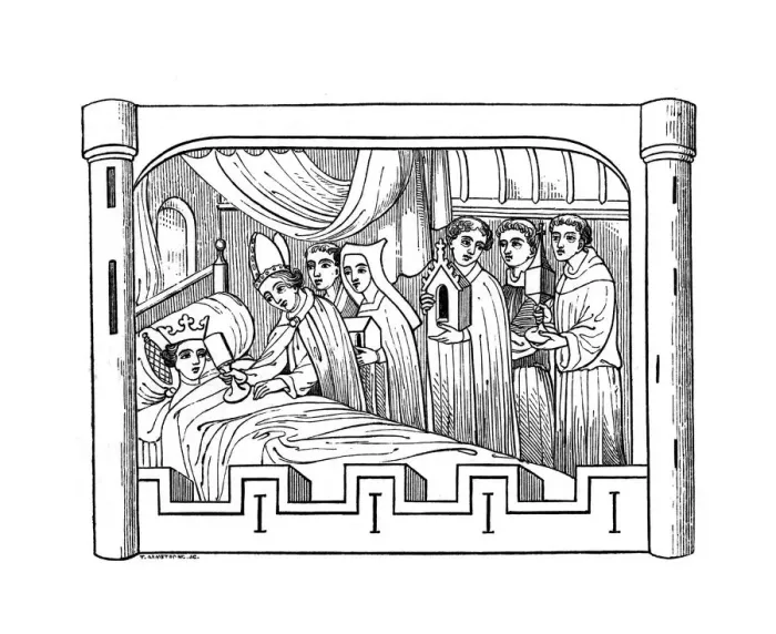 Framed Print : Louis, the eldest son of Philip Auguste, king of France, lies ill in bed, 1191, (1843). Artist: Henry Shaw Framed Print : Louis, the eldest son of Philip Auguste, king of France, lies ill in bed, 1191, (1843). Artist: Henry Shaw