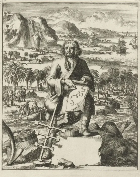 Framed Print : Louis Hennepin landing in North America, pub. 1688 (engraving). Creator: Dutch School Framed Print : Louis Hennepin landing in North America, pub. 1688 (engraving). Creator: Dutch School