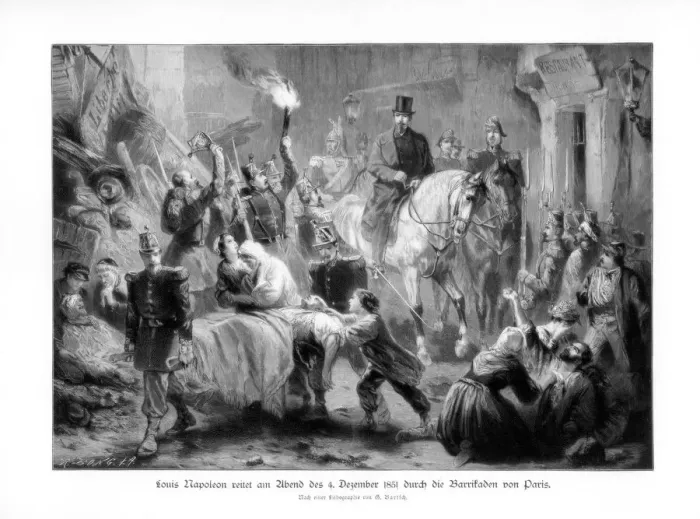 Framed Print : Louis Napoleon Bonaparte viewing the barricades of Paris, (4th December 1851), 1900. Artist: G Bartsch