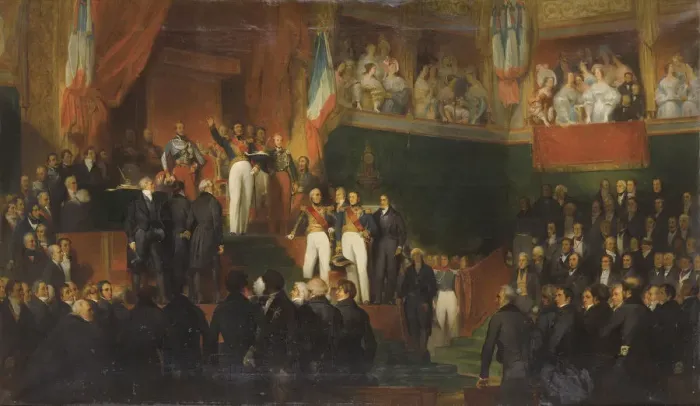 Framed Print : Louis-Philippe I is sworn in as king before the Chamber of Deputies, 9th August 1830. Artist: Perrault, Leon Jean Basile (1832-1908) Framed Print : Louis-Philippe I is sworn in as king before the Chamber of Deputies, 9th August 1830. Artist: Perrault, Leon Jean Basile (1832-1908)