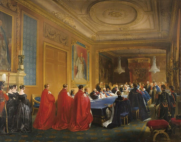 Louis-Philippe receiving the Order of the Garter from the hands of a young Queen Victoria, 1844. Artist: Gosse, Nicolas-Louis-Francois (1787-1878)
