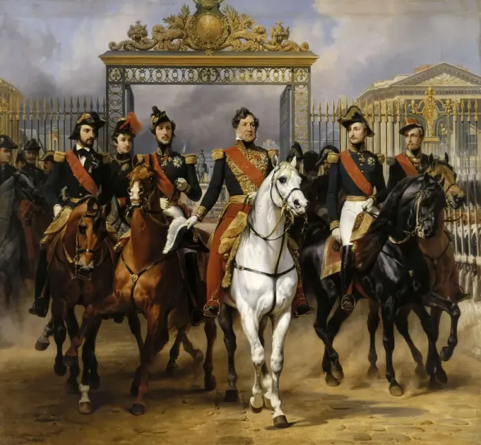Framed Print : Louis Philippe and his sons to horse at this leave Versailles of lock, June 10, 1837. Artist: Vernet, Horace (1789-1863) Framed Print : Louis Philippe and his sons to horse at this leave Versailles of lock, June 10, 1837. Artist: Vernet, Horace (1789-1863)