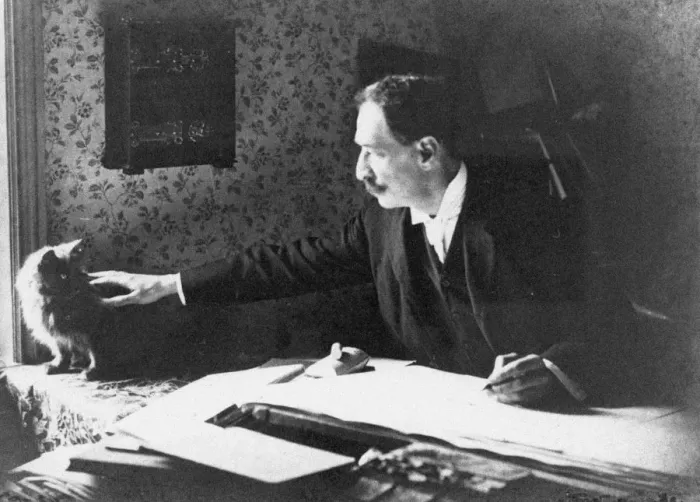 Framed Print : Louis Wain at his drawing board, 1890s. Artist: Anonymous Framed Print : Louis Wain at his drawing board, 1890s. Artist: Anonymous