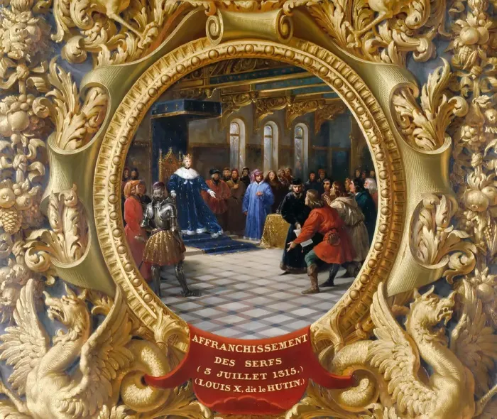 Framed Print : Louis X the Mischievous emancipates the serfs in 1315. Artist: Alaux, Jean (1786-1864) Framed Print : Louis X the Mischievous emancipates the serfs in 1315. Artist: Alaux, Jean (1786-1864)