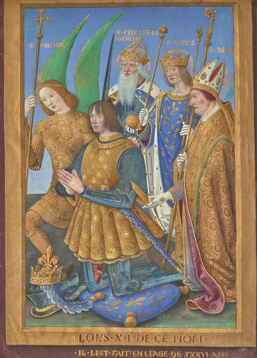 Framed Print : Louis XII Kneeling in Prayer Accompanied by Saint Michael, Saint Charlemagne... 1498 / 1499. Creator: Jean Bourdichon Framed Print : Louis XII Kneeling in Prayer Accompanied by Saint Michael, Saint Charlemagne... 1498 / 1499. Creator: Jean Bourdichon