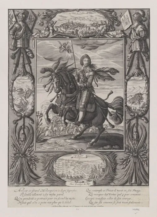 Framed Print : Louis XIII on horseback with views of besieged towns and fortresses, c. 1630 Framed Print : Louis XIII on horseback with views of besieged towns and fortresses, c. 1630