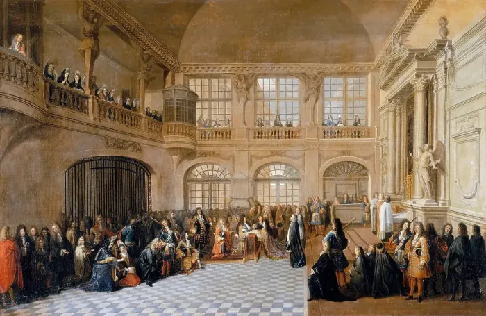 Framed Print : Louis XIV receiving the oath of the Marquis De Dangeau, Grand Master of the Order of Saint Lazare in Artist: Pezey, Antoine (active 1695-1710) Framed Print : Louis XIV receiving the oath of the Marquis De Dangeau, Grand Master of the Order of Saint Lazare in Artist: Pezey, Antoine (active 1695-1710)