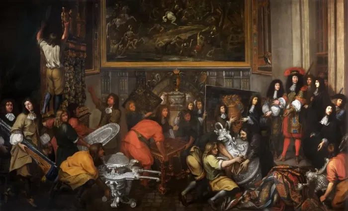 Framed Print : Louis XIV visits the Manufacture des Gobelins on October 15, 1667. Artist: Renard de Saint-Andre, Simon (1614-1677) Framed Print : Louis XIV visits the Manufacture des Gobelins on October 15, 1667. Artist: Renard de Saint-Andre, Simon (1614-1677)