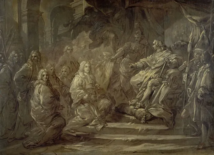 Framed Print : Louis XV recevant le corps de la Ville à l'occasion de la publication de la paix de 1739. Creator: Carle van Loo Framed Print : Louis XV recevant le corps de la Ville à l'occasion de la publication de la paix de 1739. Creator: Carle van Loo