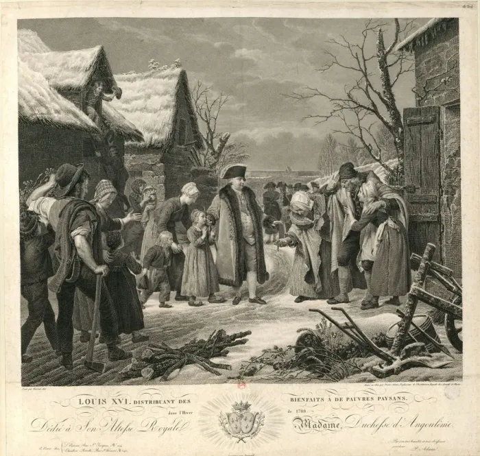 Framed Print : Louis XVI Distributing Alms to the Poor Peasants in the Winter of 1788, c. 1817. Creator: Adam Framed Print : Louis XVI Distributing Alms to the Poor Peasants in the Winter of 1788, c. 1817. Creator: Adam