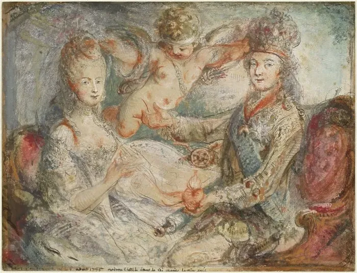 Framed Print : Louis XVI and Marie-Antoinette Crowned by Love, 1775. Creator: Gabriel de Saint-Aubin Framed Print : Louis XVI and Marie-Antoinette Crowned by Love, 1775. Creator: Gabriel de Saint-Aubin