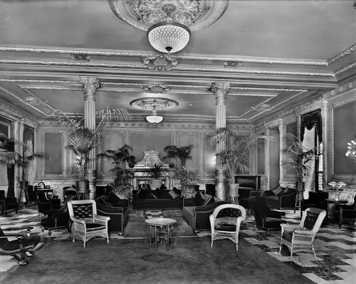 Framed Print : Lounge in foyer, Murray Hill Hotel, New York, N.Y, between 1905 and 1915. Creator: Unknown Framed Print : Lounge in foyer, Murray Hill Hotel, New York, N.Y, between 1905 and 1915. Creator: Unknown