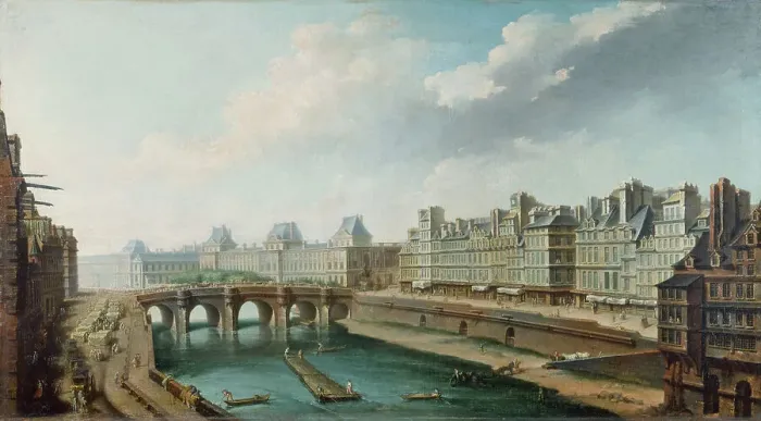 Framed Print : The Louvre, Pont-Neuf and the Quai des Orfevres, seen from Quai des Grands-Augustins, c1760. Creator: Nicolas Raguenet Framed Print : The Louvre, Pont-Neuf and the Quai des Orfevres, seen from Quai des Grands-Augustins, c1760. Creator: Nicolas Raguenet