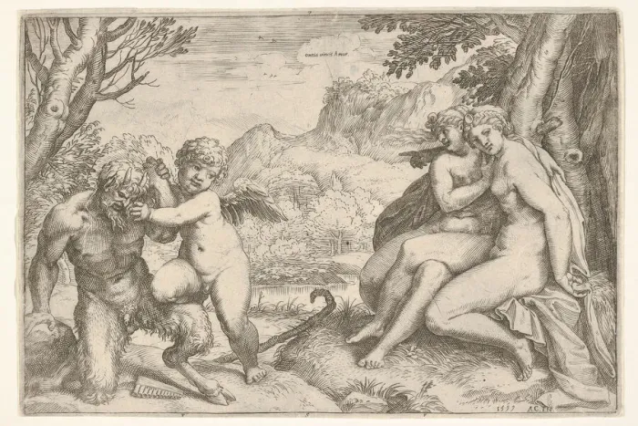 Framed Print : Love Conquers All (Omnia vincit Amor), in a struggle with a satyr Amor places his right Framed Print : Love Conquers All (Omnia vincit Amor), in a struggle with a satyr Amor places his right