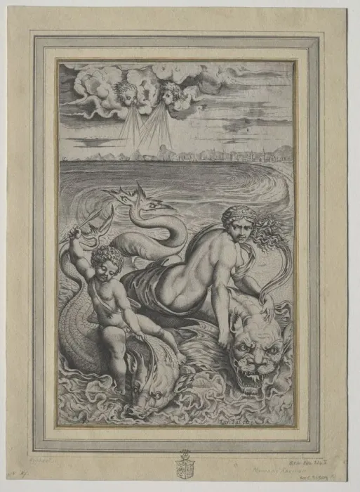 Framed Print : Love and Cupid Carried by Dolphins, 1500s. Creator: Marco Dente (Italian, c. 1486-1527) Framed Print : Love and Cupid Carried by Dolphins, 1500s. Creator: Marco Dente (Italian, c. 1486-1527)