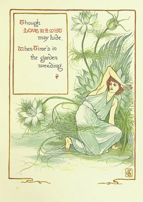 Framed Print : Though Love-In-A-Mist may hide, When Time's in the garden weeding, 1899. Creator: Walter Crane. Though Love-In-A-Mist may hide, When Time's in the garden weeding, 1899 Framed Print : Though Love-In-A-Mist may hide, When Time's in the garden weeding, 1899. Creator: Walter Crane. Though Love-In-A-Mist may hide, When Time's in the garden weeding, 1899