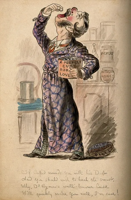 Framed Print : A love sick man taking some of Doctor Hymen's pills to try and cure himself. Creator: Unknown. A love sick man taking some of Doctor Hymen's pills to try and cure himself. Creator: Unknown Framed Print : A love sick man taking some of Doctor Hymen's pills to try and cure himself. Creator: Unknown. A love sick man taking some of Doctor Hymen's pills to try and cure himself. Creator: Unknown