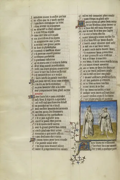 Framed Print : The Lover and the Personification of Friendship in Conversation; Roman de la Rose, about 1405. Creator: Unknown Framed Print : The Lover and the Personification of Friendship in Conversation; Roman de la Rose, about 1405. Creator: Unknown