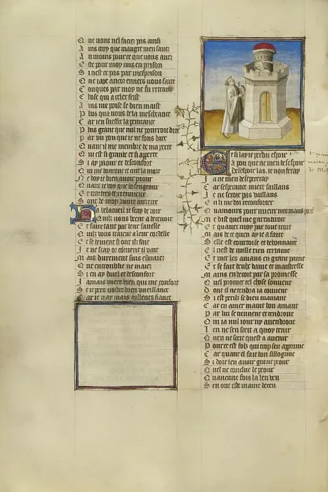Framed Print : The Lover Standing before the Castle and Looking at Good Reception Imprisoned, about 1405. Creator: Unknown Framed Print : The Lover Standing before the Castle and Looking at Good Reception Imprisoned, about 1405. Creator: Unknown