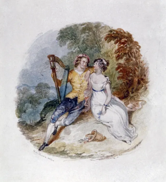 Framed Print : Two Lovers on a Bank with a Harp, 19th century. Artist: Henry Courtney Selous
