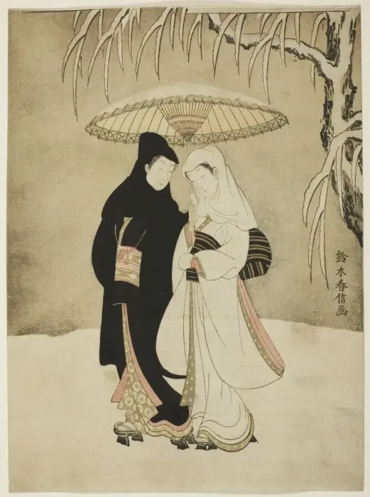 Framed Print : Lovers Beneath an Umbrella in the Snow, c. 1767. Creator: Suzuki Harunobu Framed Print : Lovers Beneath an Umbrella in the Snow, c. 1767. Creator: Suzuki Harunobu