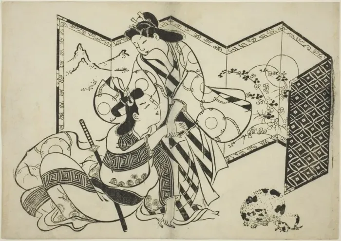 Framed Print : Lovers, a Cat, and a Mouse in front of a Folding Screen, c. 1684 / 98 Framed Print : Lovers, a Cat, and a Mouse in front of a Folding Screen, c. 1684 / 98