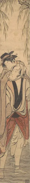 Framed Print : Two Lovers Crossing a River, late 18th century. Creator: Torii Kiyonaga Framed Print : Two Lovers Crossing a River, late 18th century. Creator: Torii Kiyonaga