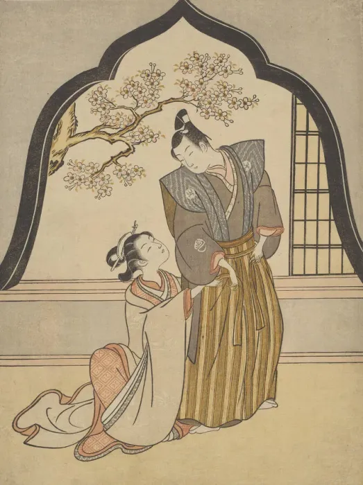 Framed Print : Lovers Dressing Beside a Window, 1765. Creator: Suzuki Harunobu Framed Print : Lovers Dressing Beside a Window, 1765. Creator: Suzuki Harunobu