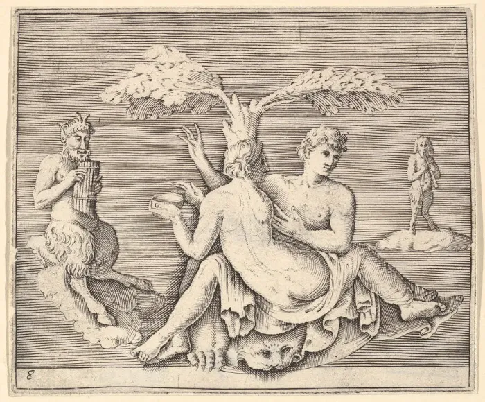 Framed Print : Two Lovers with Pan, published ca. 1599-1622. Creator: Unknown Framed Print : Two Lovers with Pan, published ca. 1599-1622. Creator: Unknown