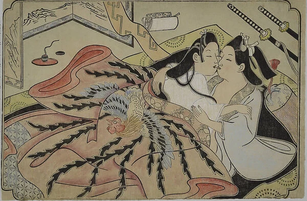 Lovers under a quilt with phoenix design, 1680s