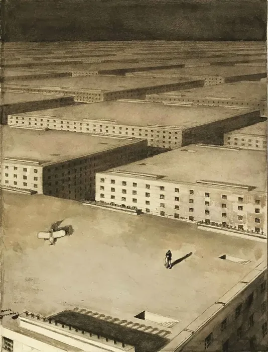 Framed Print : Lovers on the roof of a building, 1920. Creator: Devambez, André Victor Édouard (1867-1943) Framed Print : Lovers on the roof of a building, 1920. Creator: Devambez, André Victor Édouard (1867-1943)