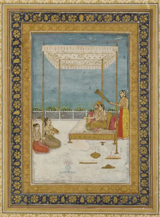 Framed Print : Lovers on a terrace, with an attendant and musicians, 18th century. Creator: Unknown Framed Print : Lovers on a terrace, with an attendant and musicians, 18th century. Creator: Unknown