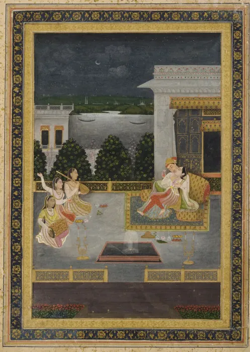 Framed Print : Lovers on a terrace with three musicians, 18th century. Creator: Unknown Framed Print : Lovers on a terrace with three musicians, 18th century. Creator: Unknown