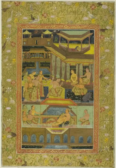 Framed Print : Lovers in a Zenana Garden at Night, 17th / 18th century. Creator: Unknown Framed Print : Lovers in a Zenana Garden at Night, 17th / 18th century. Creator: Unknown