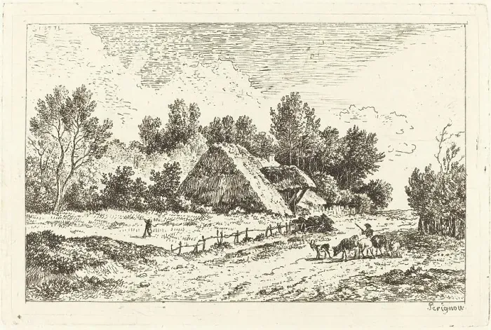 Framed Print : A Low Cottage with a Herdsman Leading His Flock, 1771. Creator: Nicolas Perignon Framed Print : A Low Cottage with a Herdsman Leading His Flock, 1771. Creator: Nicolas Perignon