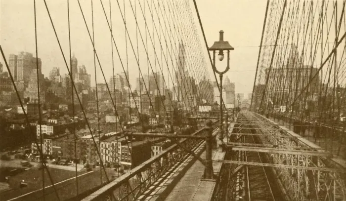 Framed Print : Lower Manhattan Viewed Through The Network Of Cables On Brooklyn Suspension Bridge, c1930 Framed Print : Lower Manhattan Viewed Through The Network Of Cables On Brooklyn Suspension Bridge, c1930