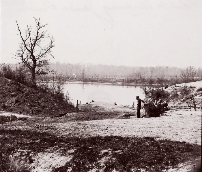 Framed Print : Lower Pontoon Bridge, Deep Bottom, James River, 1864. Creator: Andrew Joseph Russell Framed Print : Lower Pontoon Bridge, Deep Bottom, James River, 1864. Creator: Andrew Joseph Russell