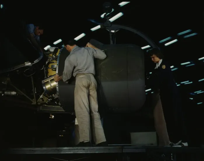Framed Print : Lowering an engine in place in assembling a C-87... Consolidated Aircraft... Fort Worth, Texas, 1942 Creator: Howard Hollem Framed Print : Lowering an engine in place in assembling a C-87... Consolidated Aircraft... Fort Worth, Texas, 1942 Creator: Howard Hollem