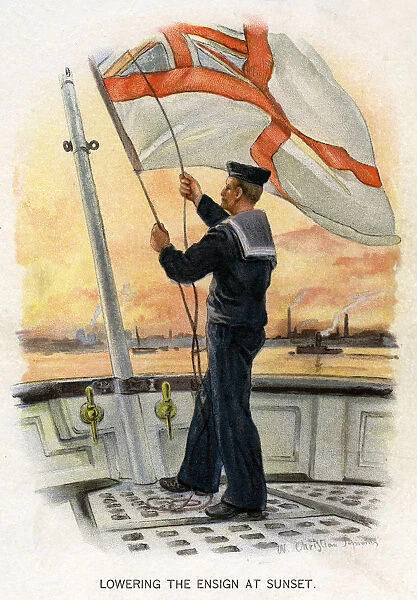 Lowering the Ensign at Sunset, c1890-c1893.Artist: William Christian Symons