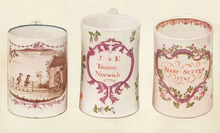 Framed Print : Three Lowestoft Mugs, (18th century), 1937 Framed Print : Three Lowestoft Mugs, (18th century), 1937