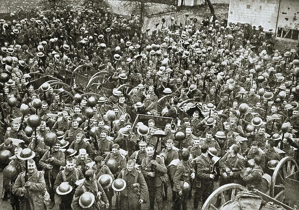 The Loyal North Lancashire Regiment parading for the trenches, France, World War I, 1916
