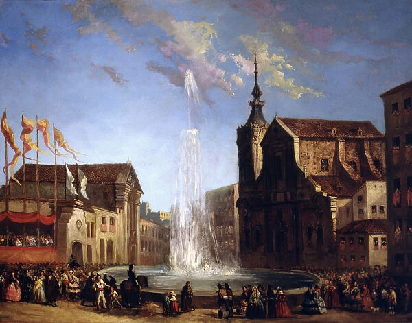 The Lozoya water supply to the fountain of San Bernardo Street, 1858, oil by Eugenio