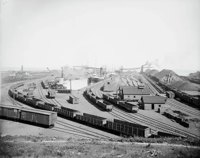 Framed Print : L.S. & M.S. [Lake Shore & Michigan Southern] Ry. ore docks, Ashtabula, Ohio, ca 1900. Creator: Unknown. L.S. & M.S. [Lake Shore & Michigan Southern] Ry. ore docks, Ashtabula, Ohio, ca 1900. Creator: Unknown