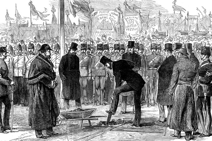 Framed Print : Lt.-Col. Gerard Smith cutting the first turf of the Hull, Barnsley...West Riding Ry. and Dock, 1881. Creator: Unknown Framed Print : Lt.-Col. Gerard Smith cutting the first turf of the Hull, Barnsley...West Riding Ry. and Dock, 1881. Creator: Unknown