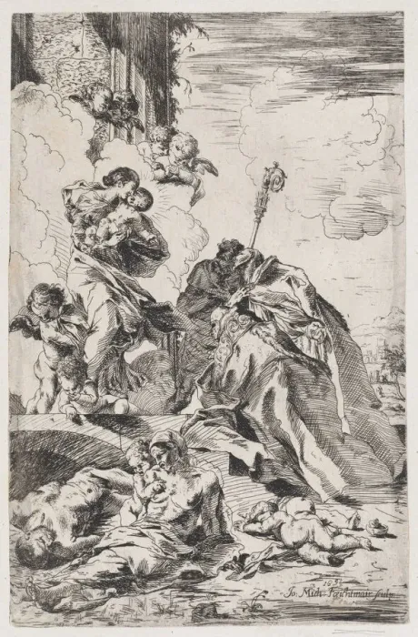 Framed Print : Three Lucchese saints Sts Nicholas Tolentino, Nicholas of Bari interceding with the Virgin... 1691. Creator: Johann Michael Feichtmayr the Elder Framed Print : Three Lucchese saints Sts Nicholas Tolentino, Nicholas of Bari interceding with the Virgin... 1691. Creator: Johann Michael Feichtmayr the Elder