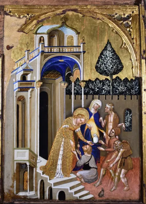 Framed Print : Lucia gives alms, c. 1410. Creator: Jacobello del Fiore Framed Print : Lucia gives alms, c. 1410. Creator: Jacobello del Fiore