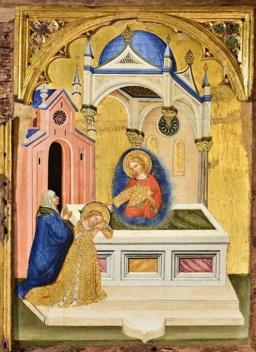Framed Print : Lucia praying at the tomb of Saint Agatha, c. 1410. Creator: Jacobello del Fiore