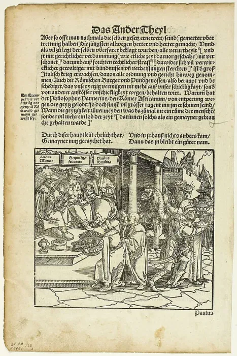 Framed Print : Lucius Mutius, Scipio Africanus, and Paulus Aemilius (recto) Battle Scene (verso) from... 1937. Creator: Hans Weiditz Framed Print : Lucius Mutius, Scipio Africanus, and Paulus Aemilius (recto) Battle Scene (verso) from... 1937. Creator: Hans Weiditz