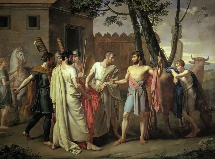 Framed Print : Lucius Quinctius Cincinnatus Leaves the Plough to Dictate Laws to Rome, ca 1806. Creator: Ribera y Fernández, Juan Antonio (1779-1860) Framed Print : Lucius Quinctius Cincinnatus Leaves the Plough to Dictate Laws to Rome, ca 1806. Creator: Ribera y Fernández, Juan Antonio (1779-1860)