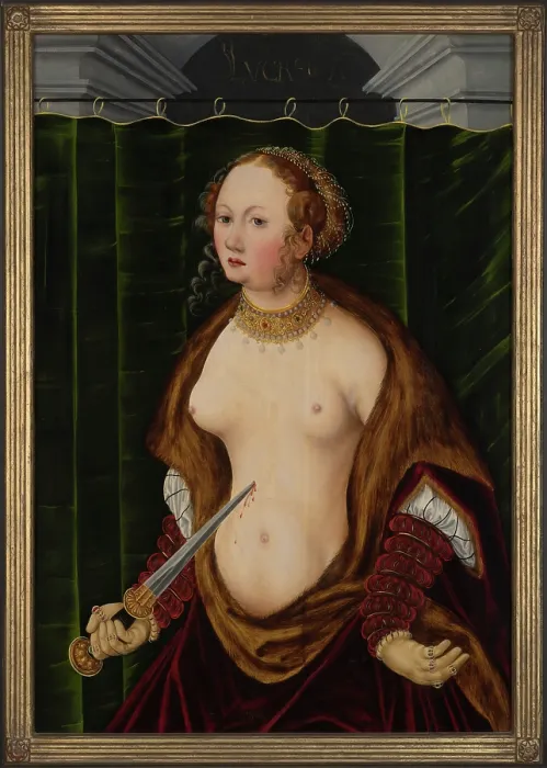 Framed Print : Lucretia Committing Suicide, after 1525. Creator: Lucas Cranach the Elder Framed Print : Lucretia Committing Suicide, after 1525. Creator: Lucas Cranach the Elder